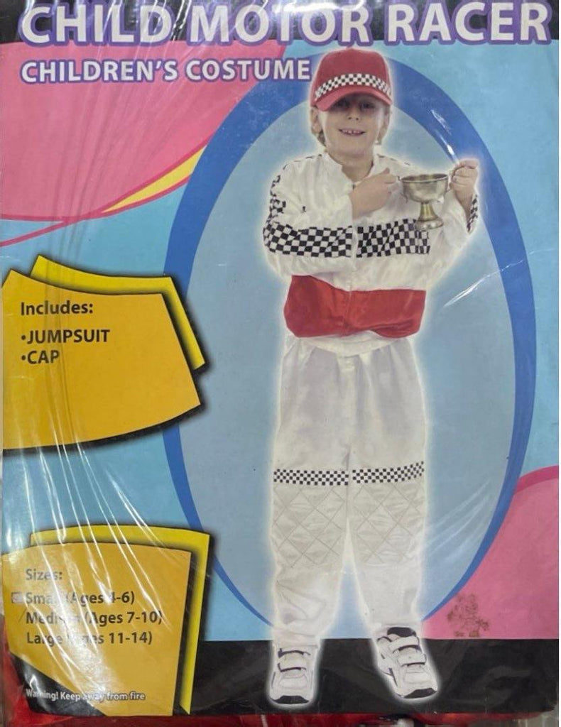 Child Motor Racer Costume – Jumpsuit & Cap, Size M (Ages 7-10)