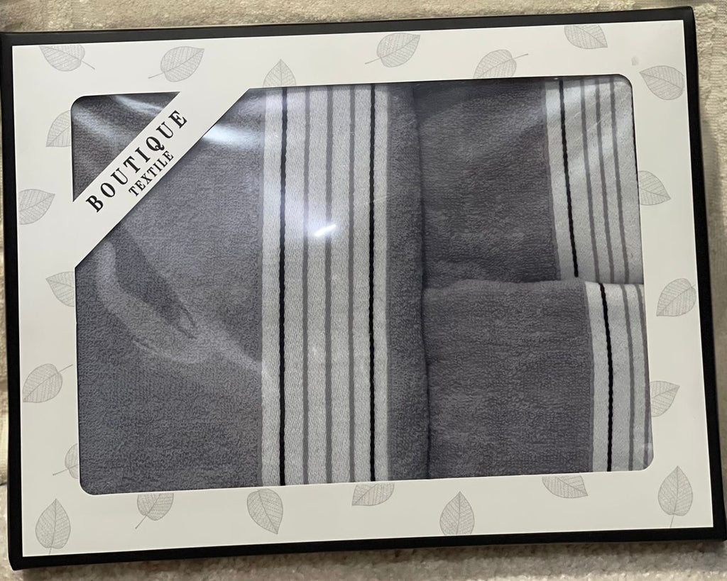 Boutique 3-in-1 Towel Set – Grey with White & Black Stripes