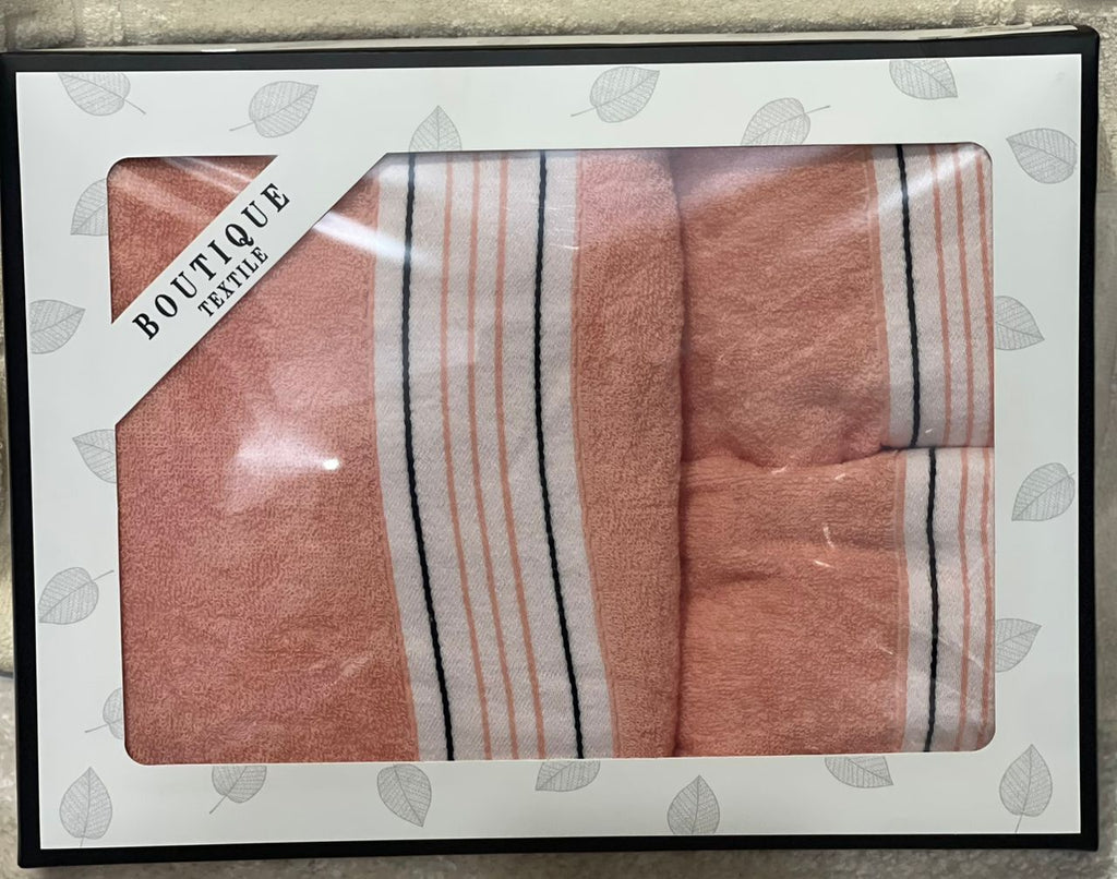Boutique 3-in-1 Towel Set – Peach with White & Black Stripes