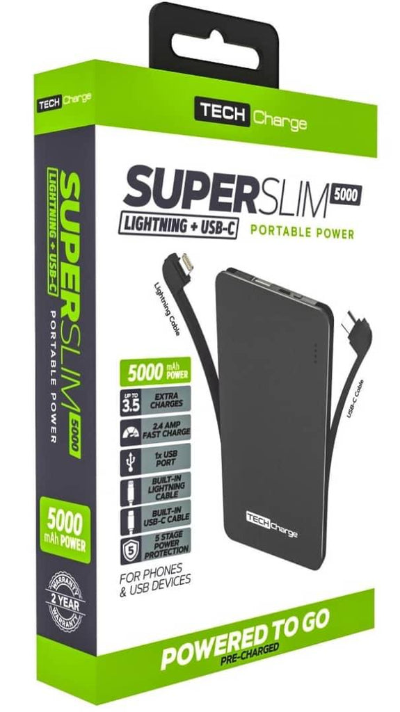 TECH CHARGE Ultra-Slim Portable Power Bank (5000mAh, USB-C + Lightning)