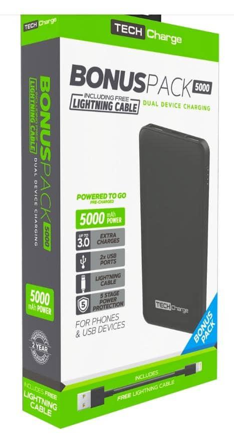 TECH CHARGE Dual Charging Power Bank – 5000mAh with Lightning Cable
