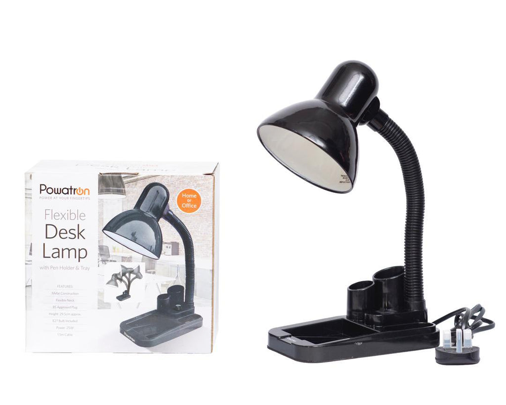 POWERTRON Desk Lamp with Tray & E27 Bulb – 25W, Black
