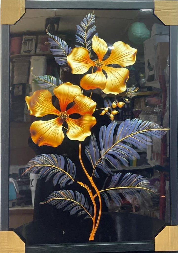 Luxury Modern Golden Flower with Blue Background Wall Art