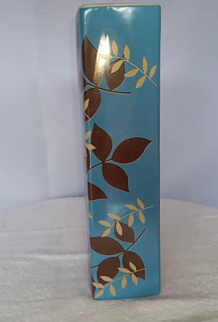 Blue Ceramic Vase with Brown Floral Detailing