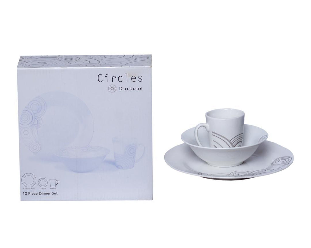 Circles Duotone 12-Piece Dinner Set with Light Grey Circle Touch
