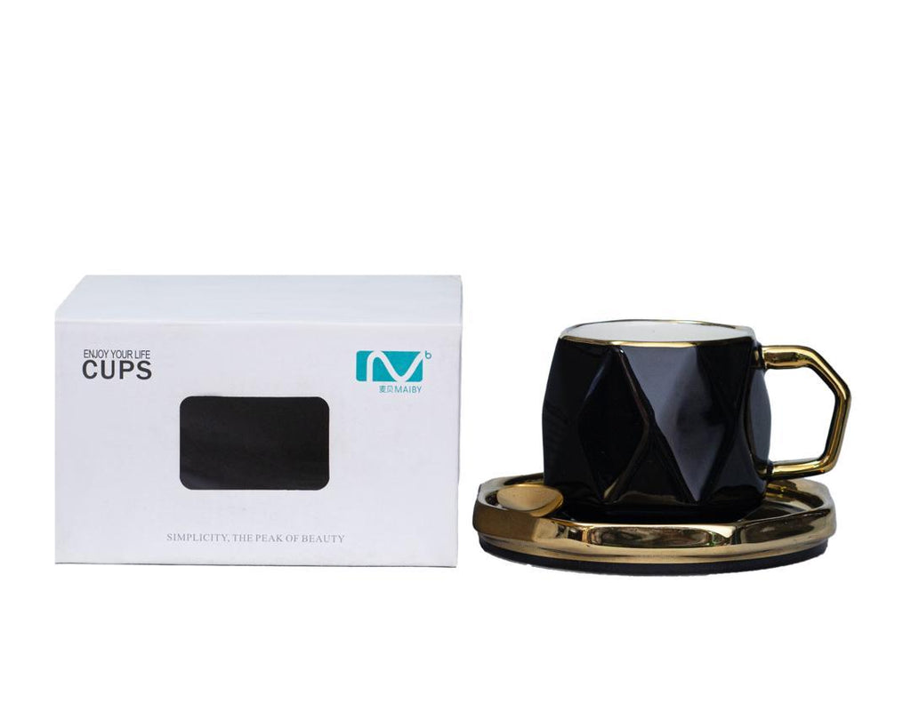 Elegant Black & Gold Tea/Coffee Set with Spoon