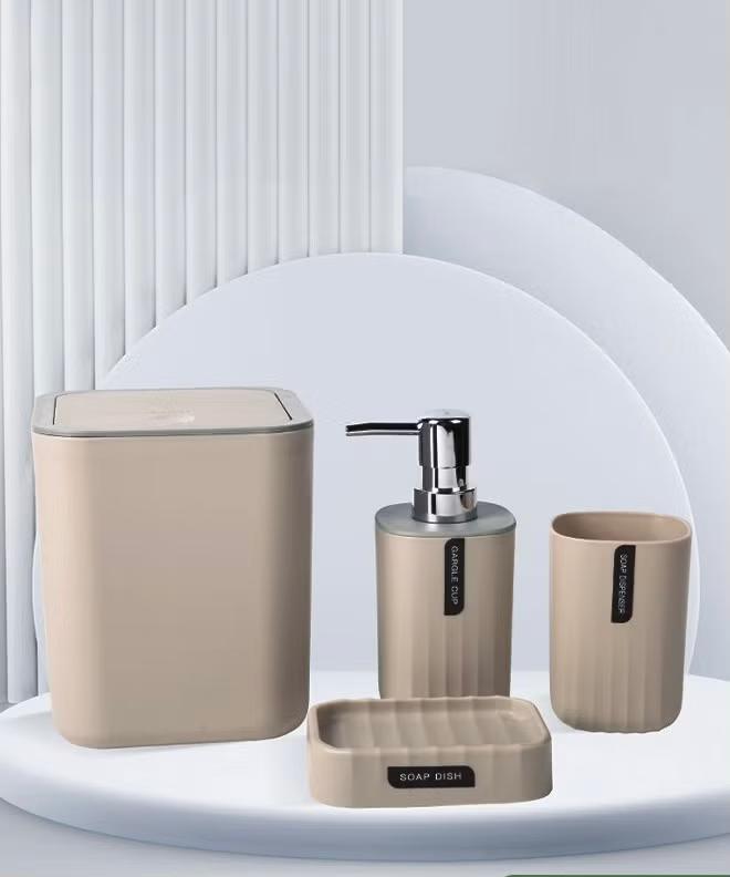 4-Piece Beige Luxury Plastic Bathroom Accessories Set.
