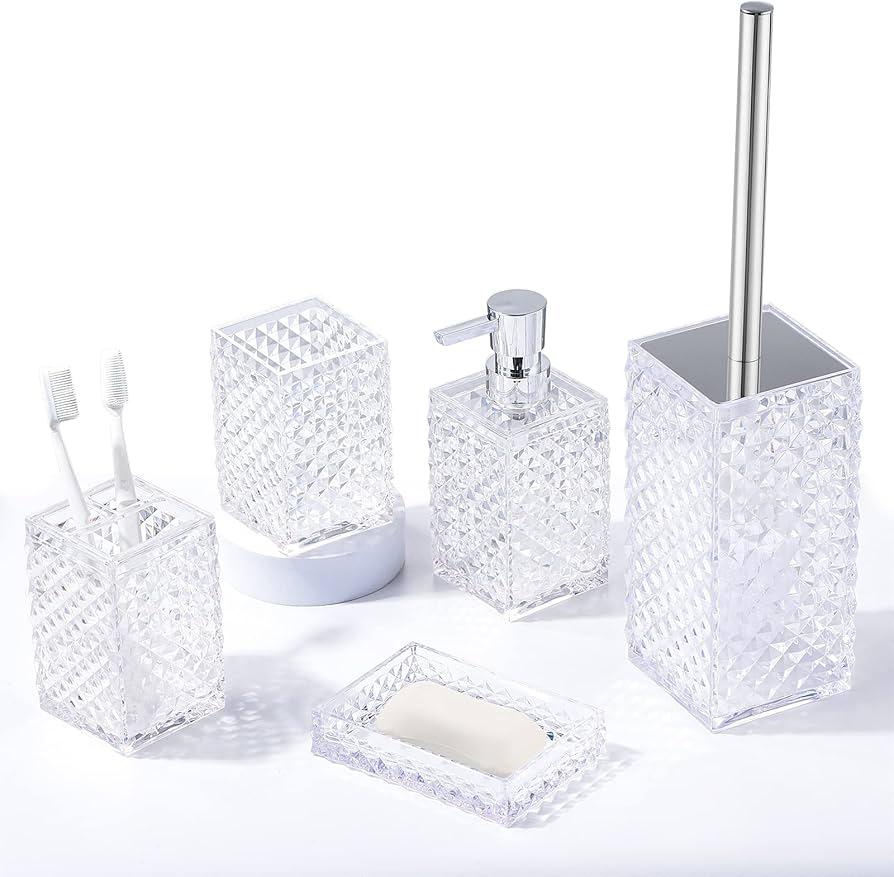 5-Piece Transparent Diamond Patterned Acrylic Bathroom Accessory Set.