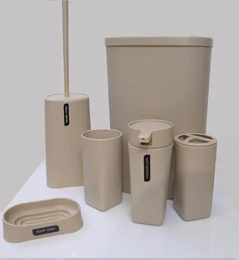 6-Piece Beige Luxury Plastic Bathroom Accessory Set.
