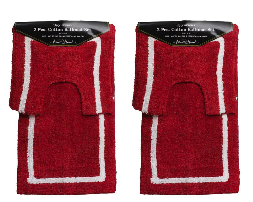 Luxurious Red & White 2-Piece Cotton Bath Mat Set – Anti-Slip