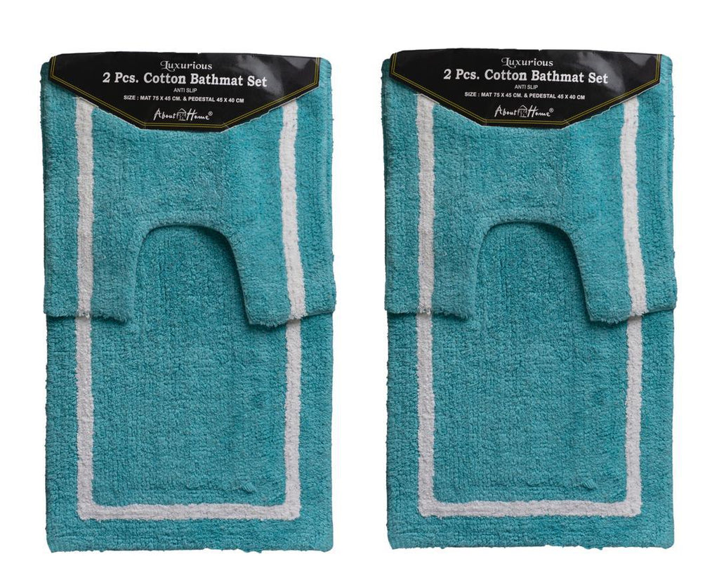Luxurious Green & White 2-Piece Cotton Bath Mat Set – Anti-Slip