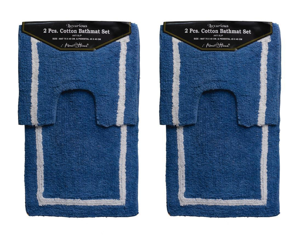 Luxurious Blue & White 2-Piece Cotton Bath Mat Set – Anti-Slip