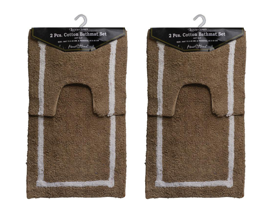 Luxurious Brown & White 2-Piece Cotton Bath Mat Set – Anti-Slip