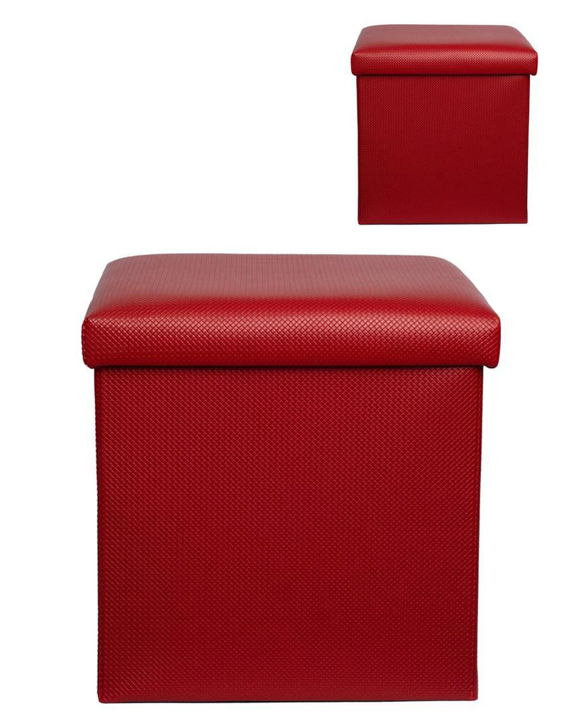 Red Shining Leather Square Ottoman – 38×38×37cm