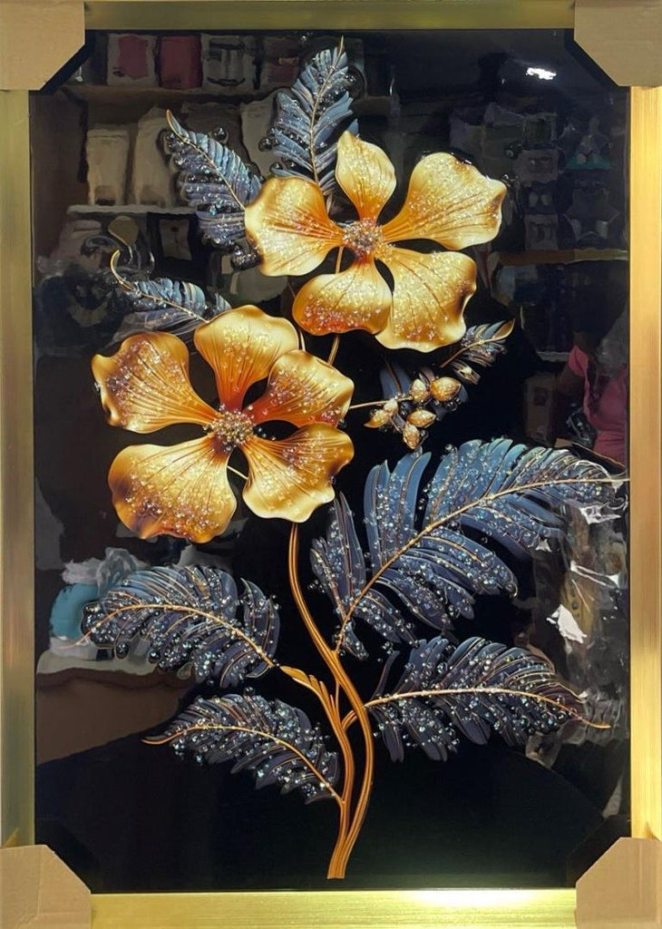 Elegant Golden and Blue Floral Wall Art with Shining Crystals