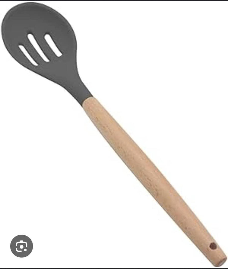Royalford Silicone Slotted Spoon with Wooden Handle – RF10652