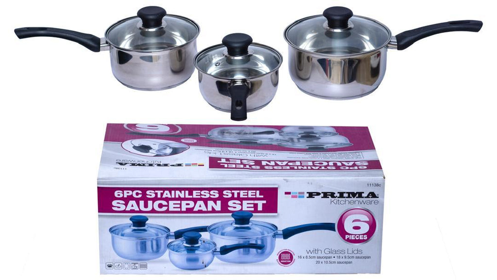 PRIMA 6-Piece Stainless Steel Saucepan Set with Glass Lids