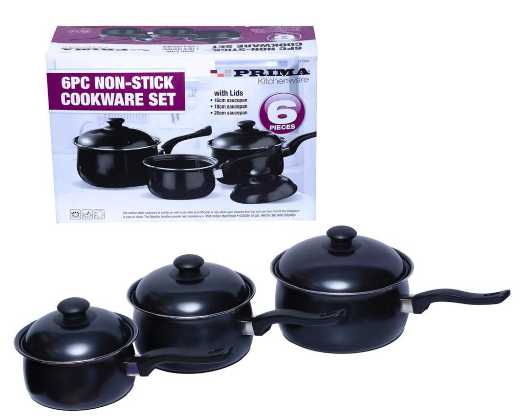 PRIMA 6-Piece Non-Stick Black Cookware Set with Glass Lids
