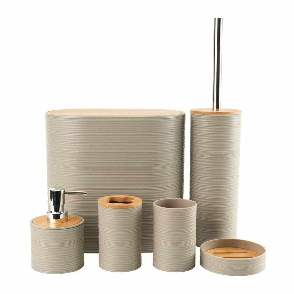 6-Piece Beige Luxury Bamboo & Plastic Bathroom Accessories Set