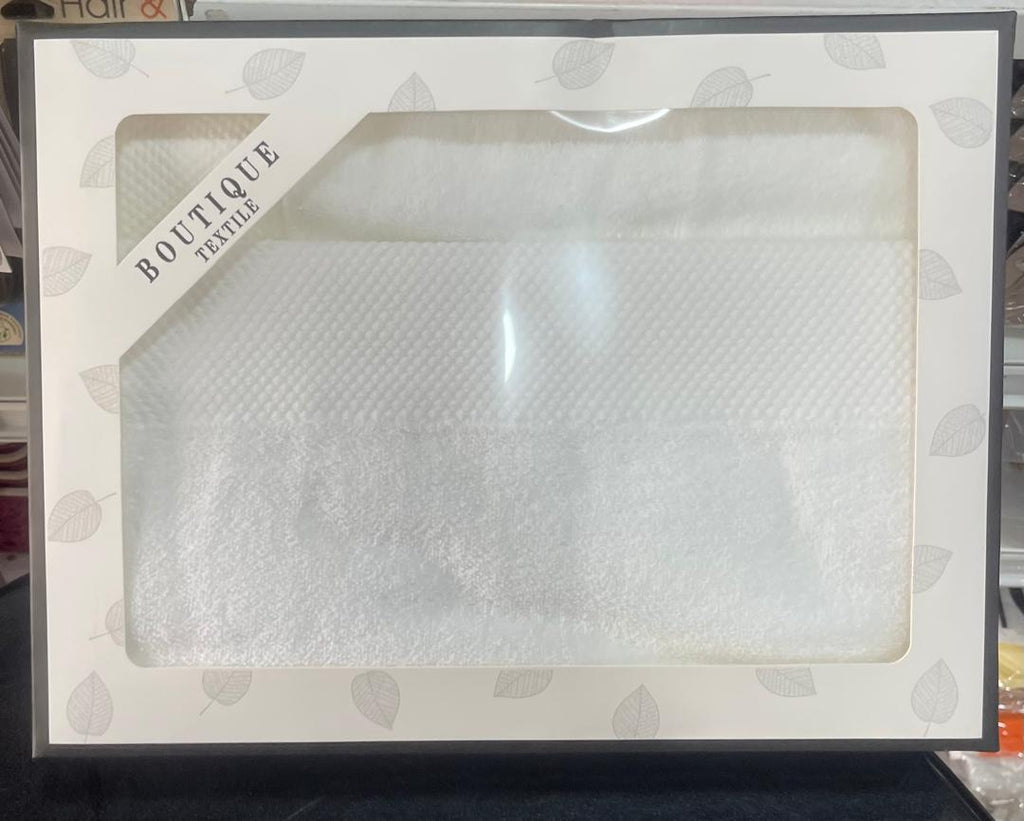 2 in 1 White Towel Set with Design (Bath Towel + Hand Towel)