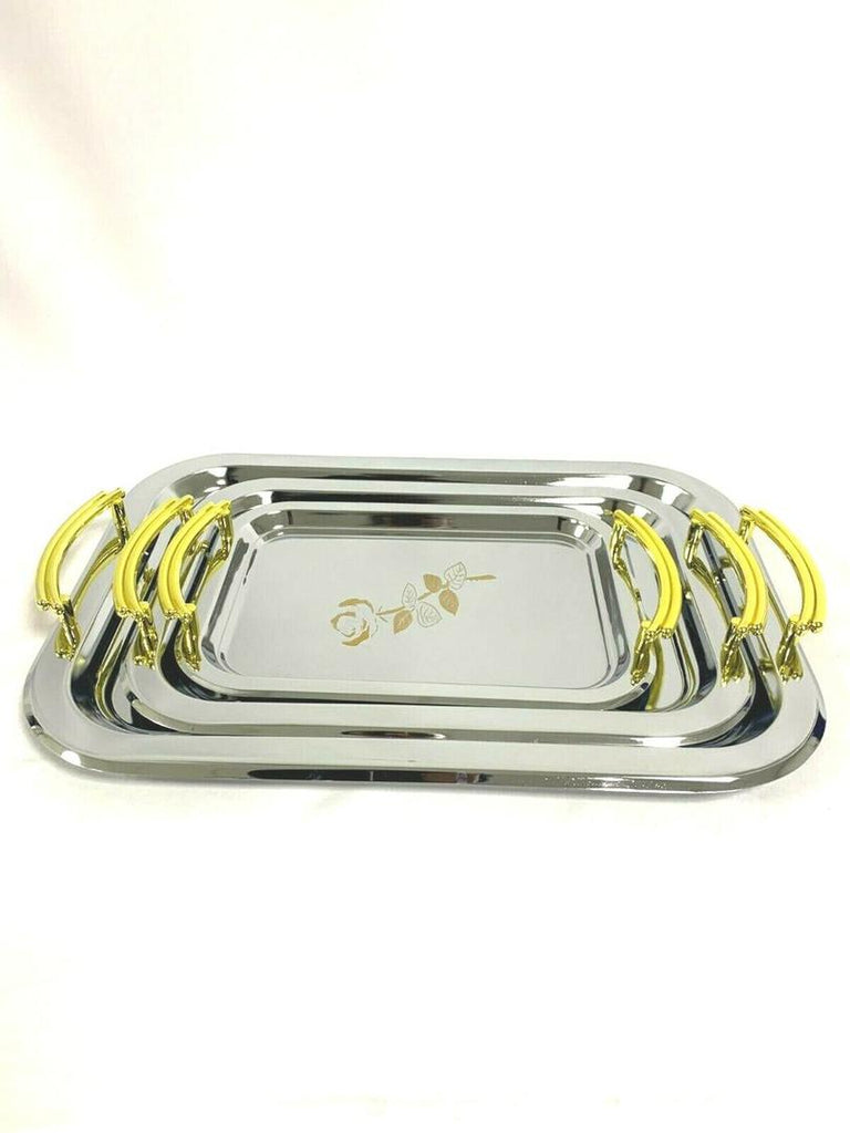 Set of 3 Serving Trays – Steel Classic Gold-Plated Design