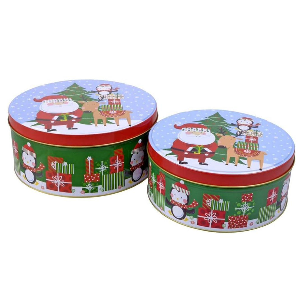 Round Nesting Christmas Cookie Tins – Set of 2 (Festive Holiday Designs)