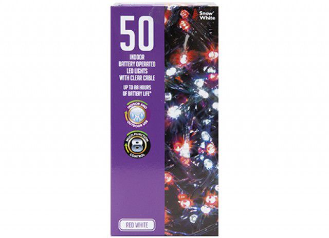Christmas 50 Outdoor Battery Operated LED Lights – Red & White (Dark Green Cable)