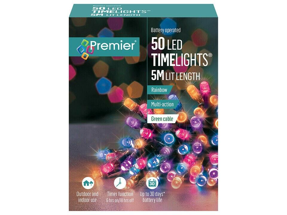 Christmas 50 Battery Operated Timelights – Rainbow (5m, Green Cable)