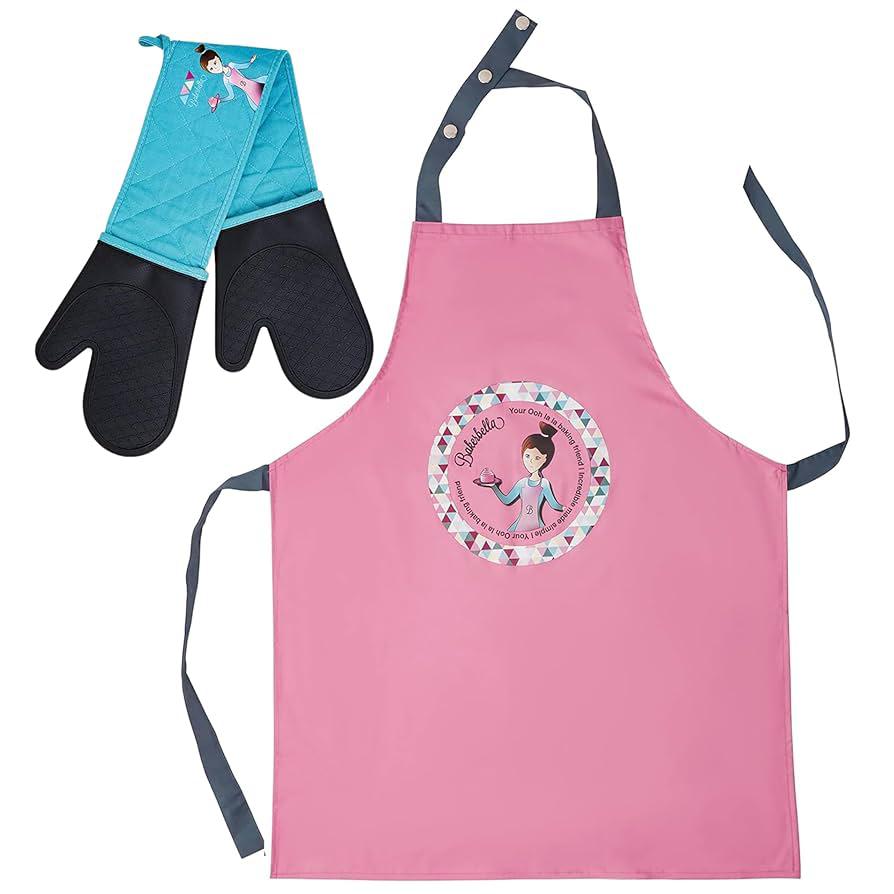 Baker Bella Apron and Silicone Oven Mitts (Heat Resistant Gloves). 
