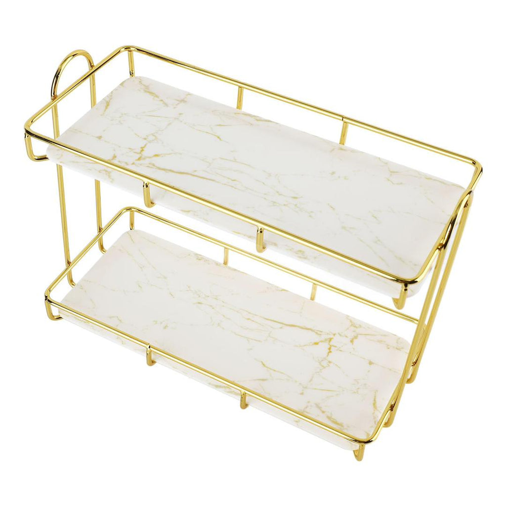 2 Tier Marble Design Bathroom Storage Rack (Gold Metal Frame)