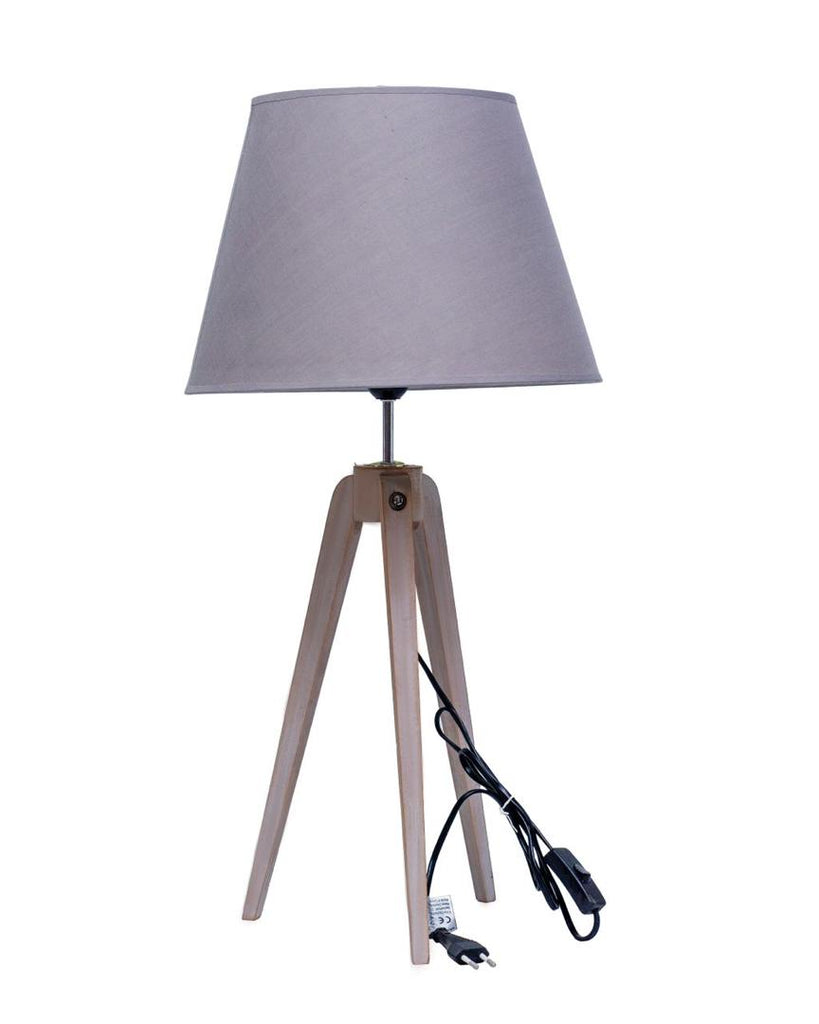 Wood Tripod Table Lamp with Beige Linen Shade