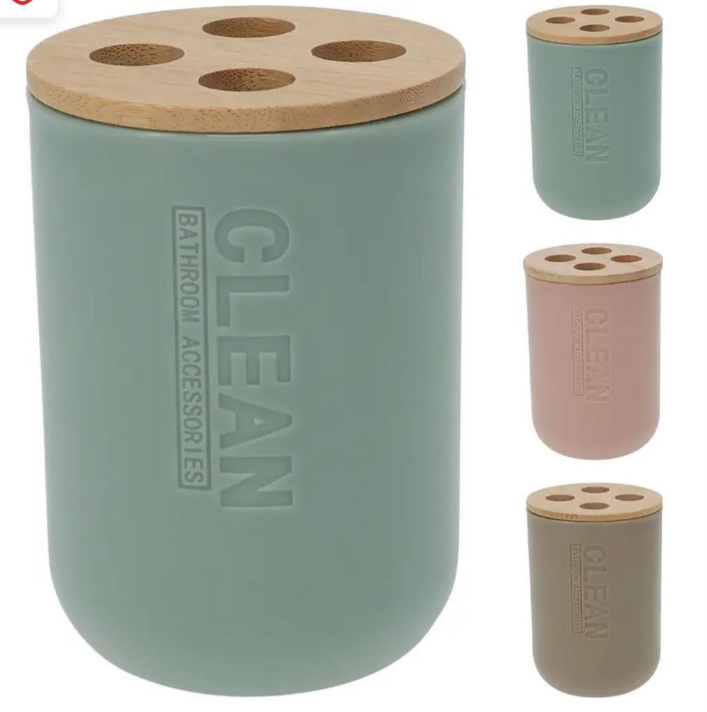 Plastic with Bamboo Toothbrush Holder – 3 Assorted Colours